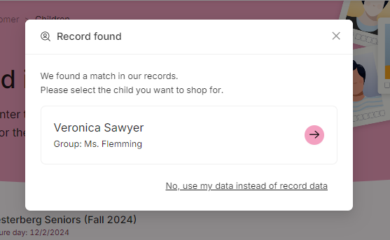 Record found popup displaying 'Veronica Sawyer' and 'Group: Ms. Flemming', with an option to use own data.