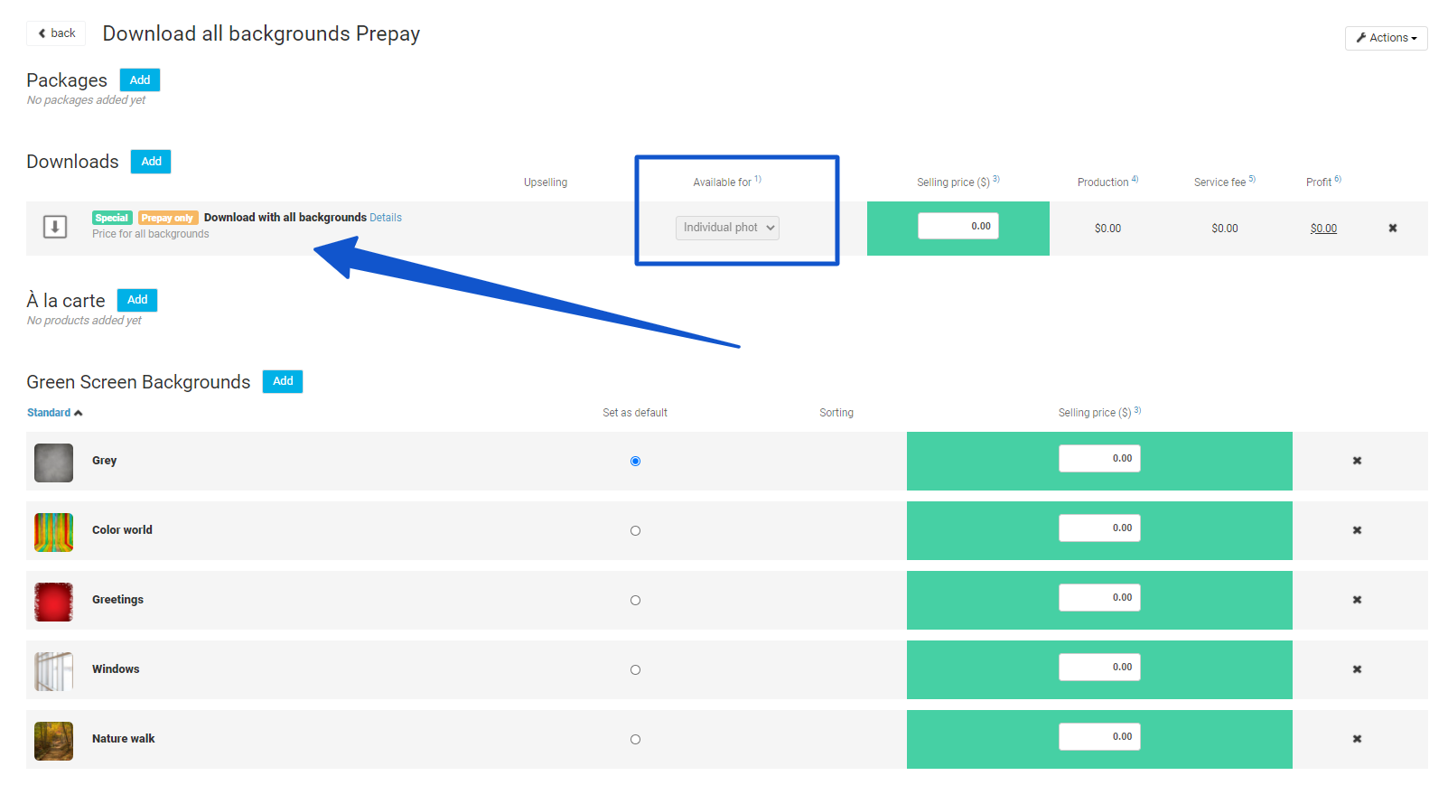 Price profile showing Individual Download with all backgrounds