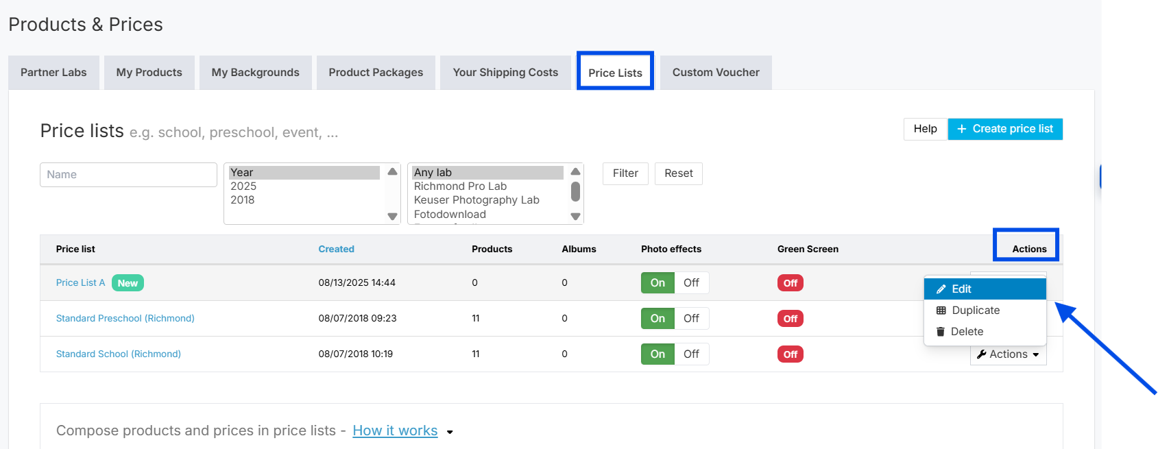 Open a price list via Actions then Edit