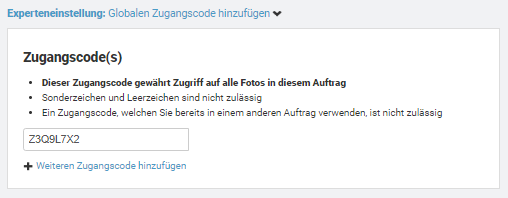 Textfeld für globalen Zugangscode