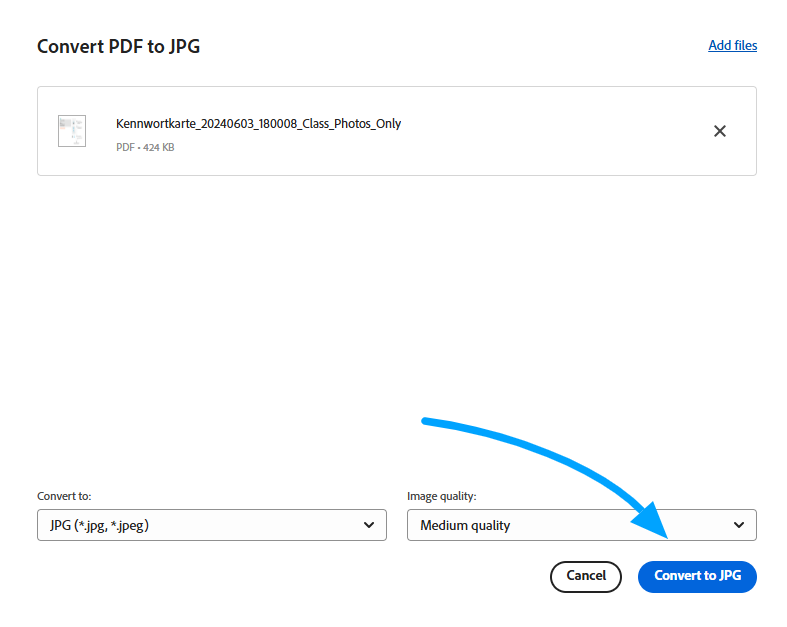 PDF to JPG conversion screen with an arrow pointing to the “Convert to JPG” button.