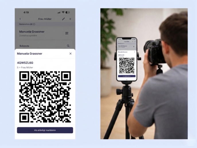 Namensliste QR-Code Ansicht zur Auswahl und Anzeige von Personen