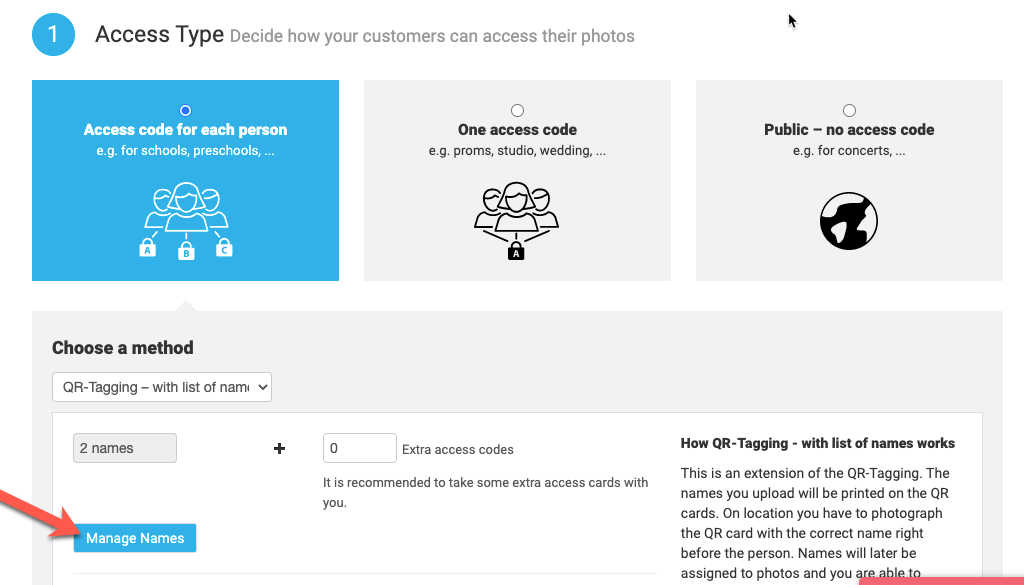 Manage Names highlighted in photo job settings