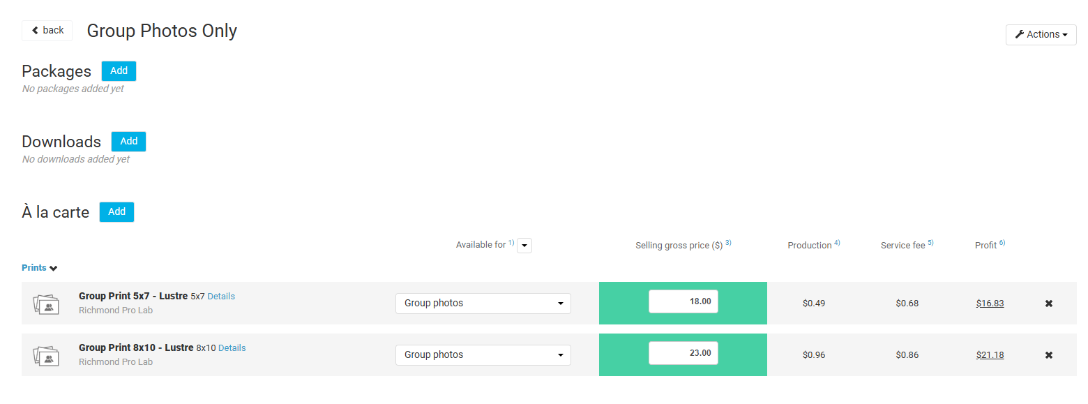 Group photo pricing screen showing two print sizes with prices, fees, and profit.