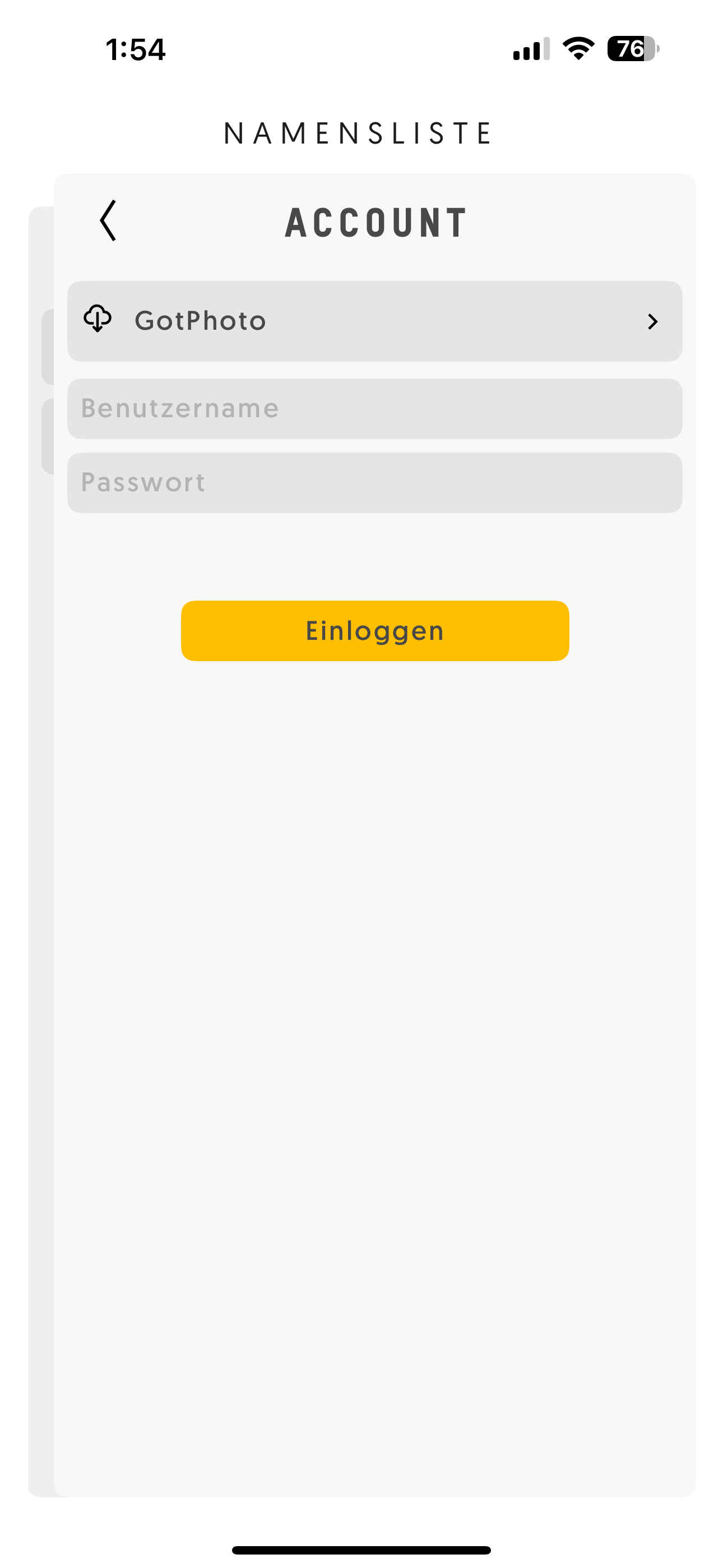 Mobile App-Login-Bildschirm für „Namensliste“