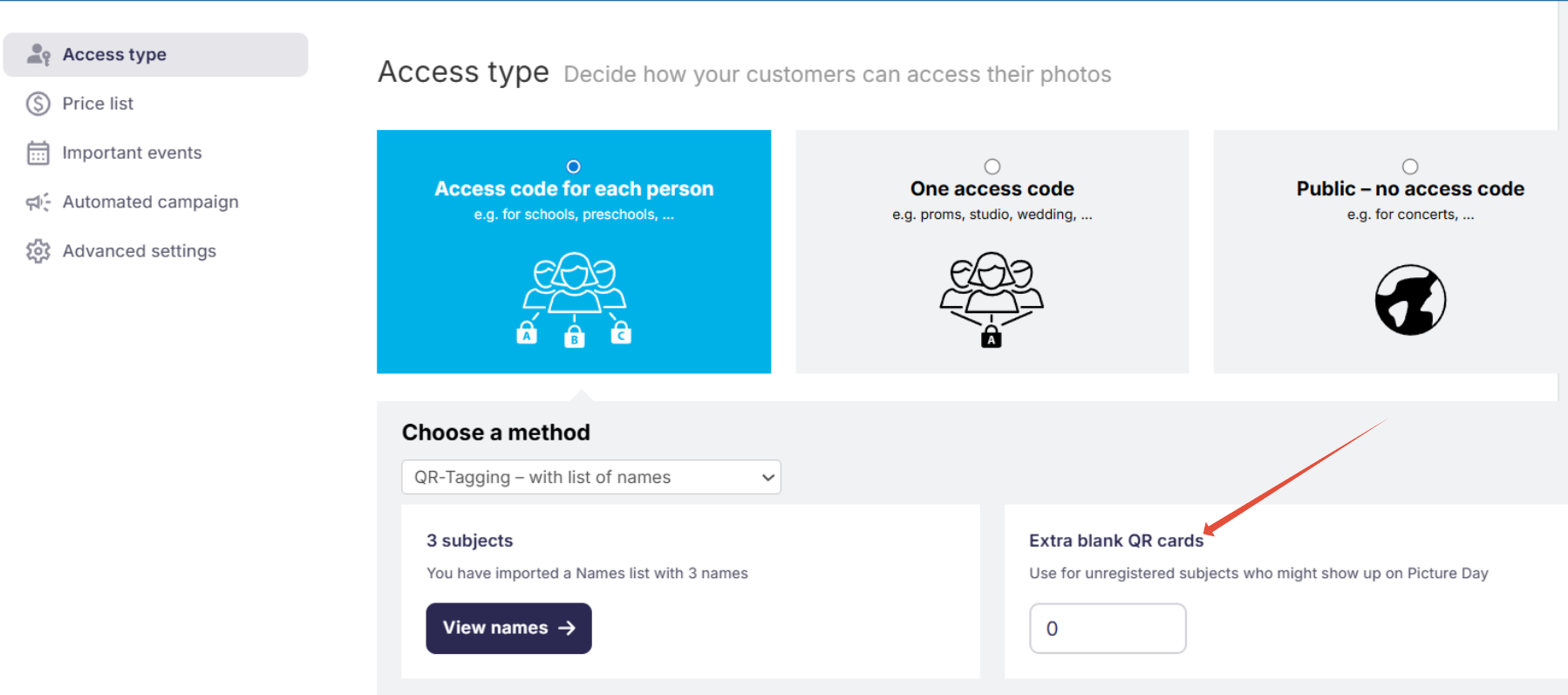 Access type selection screen with 'Access code for each person' selected and a large blue arrow pointing to the 'Extra access codes' input field.