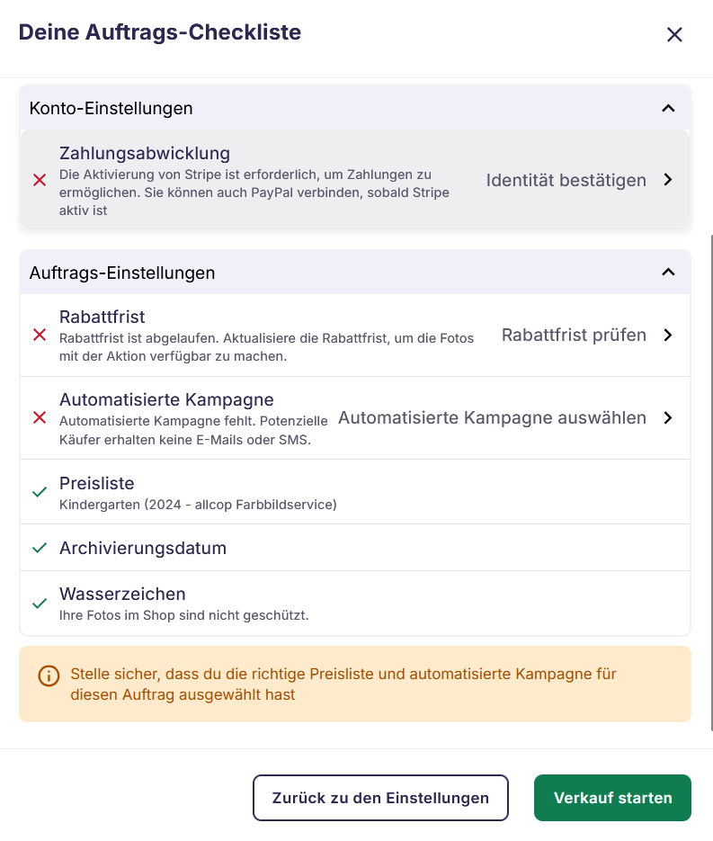Screenshot der Checkliste für den Verkaufsstart beim Statuswechsel auf 'Verkaufen'