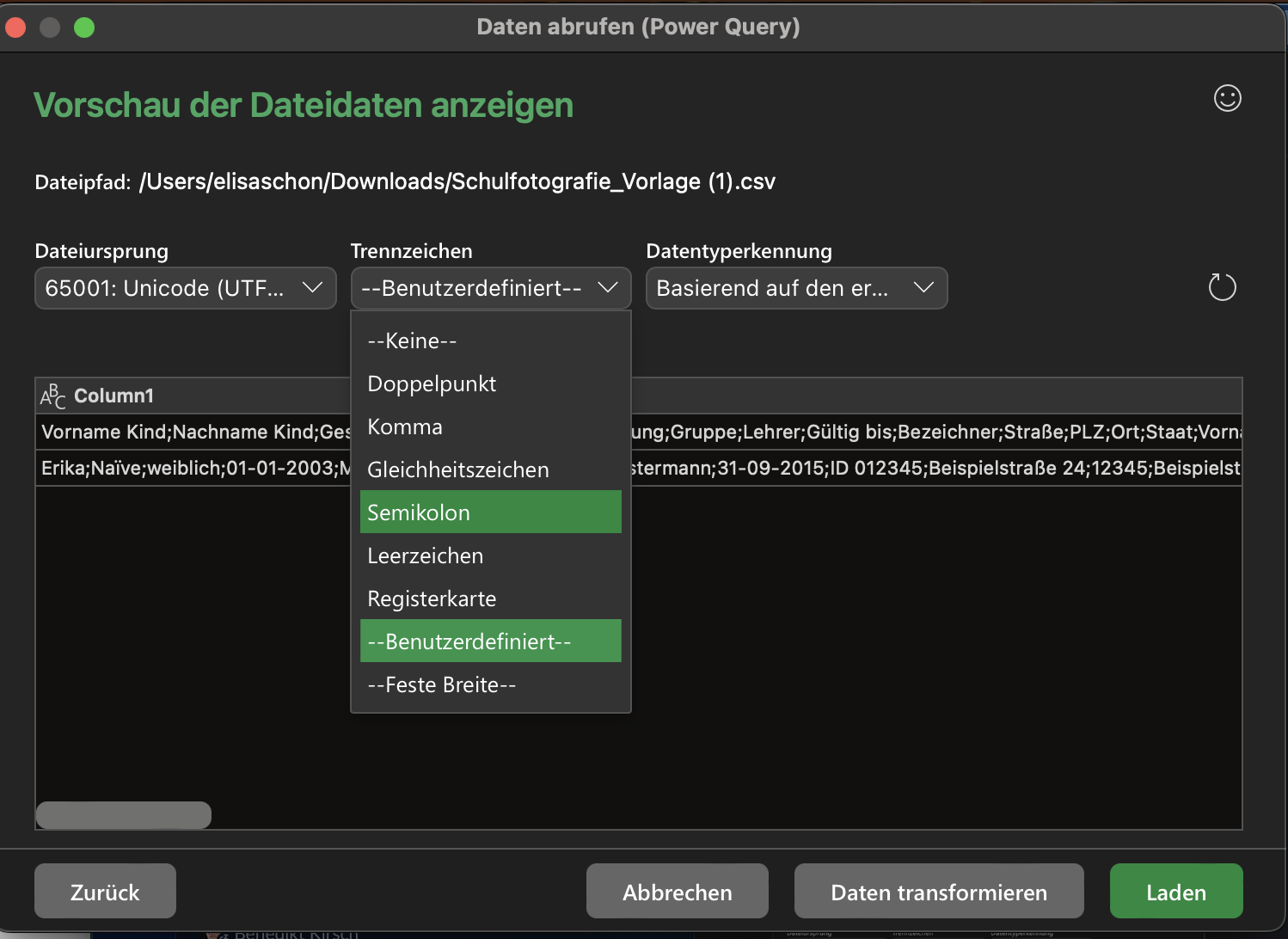 Der Textimport-Assistent in einer Tabellenkalkulationssoftware zeigt die Auswahl 'Semikolon' als einziges Trennzeichen und den 'Fertigstellen'-Button.