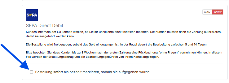 Screenshot: SEPA-Lastschrift Einstellungen im Dashboard