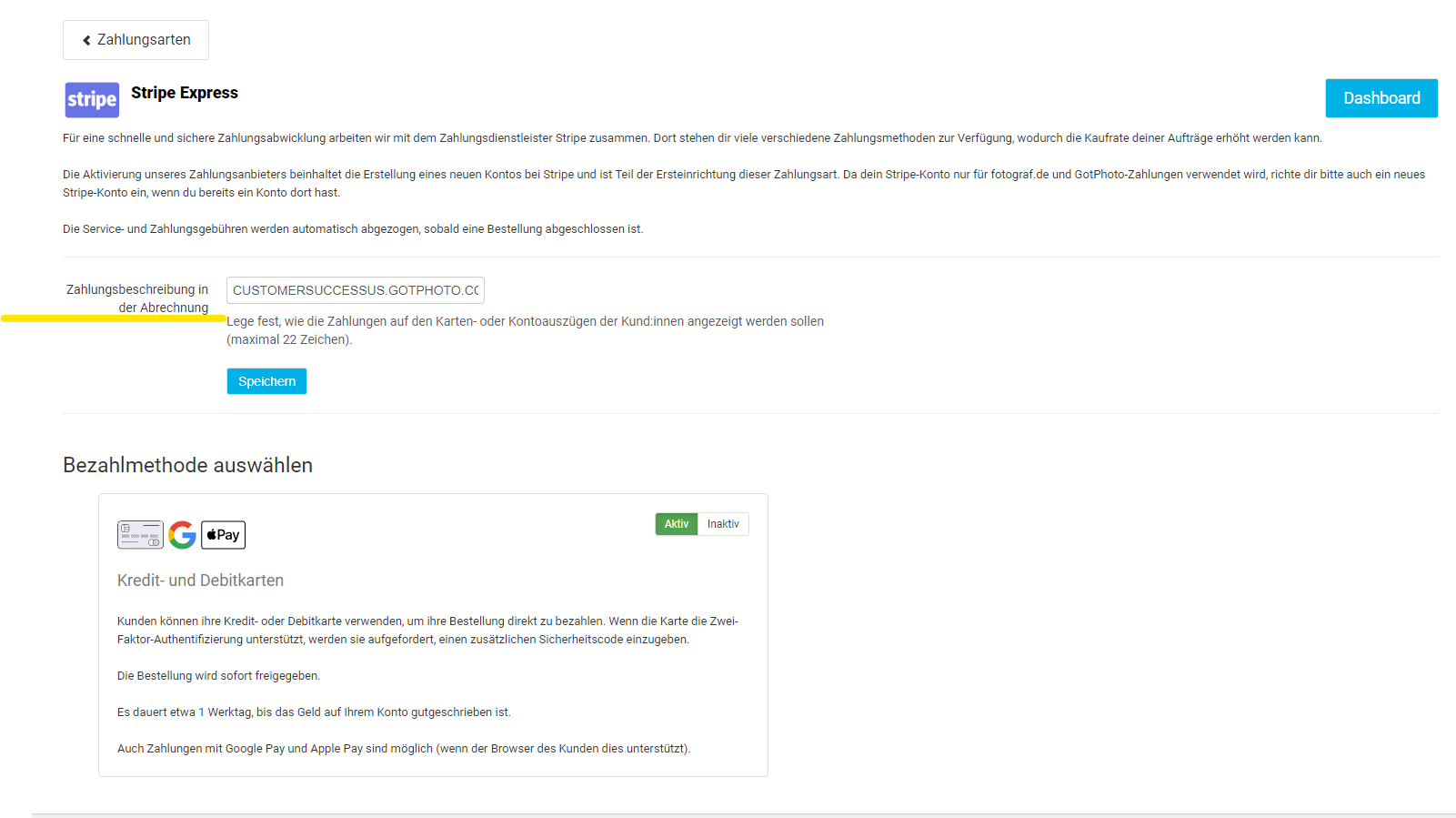 Screenshot: Zahlungsbeschreibung in den Stripe-Einstellungen bearbeiten