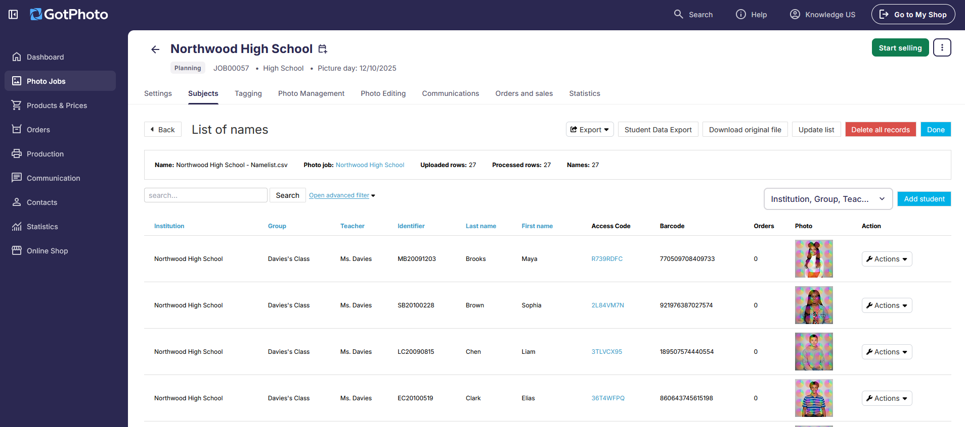 Subjects tab interface showing list of students and management options