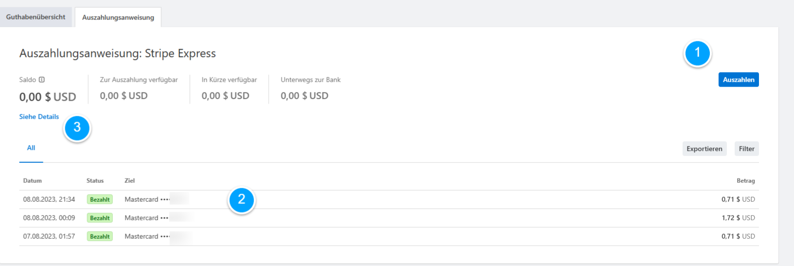 Screenshot: Auszahlungsanweisung im Stripe-Dashboard