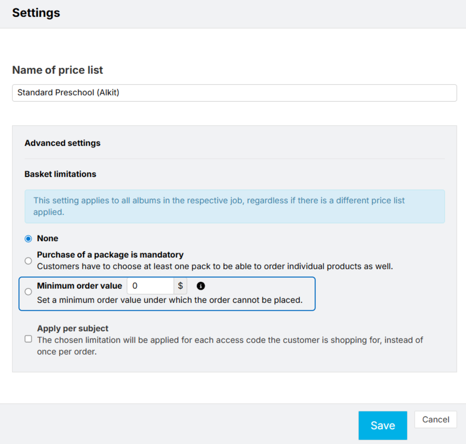 Minimum order value setting (Order Threshold in the UK)