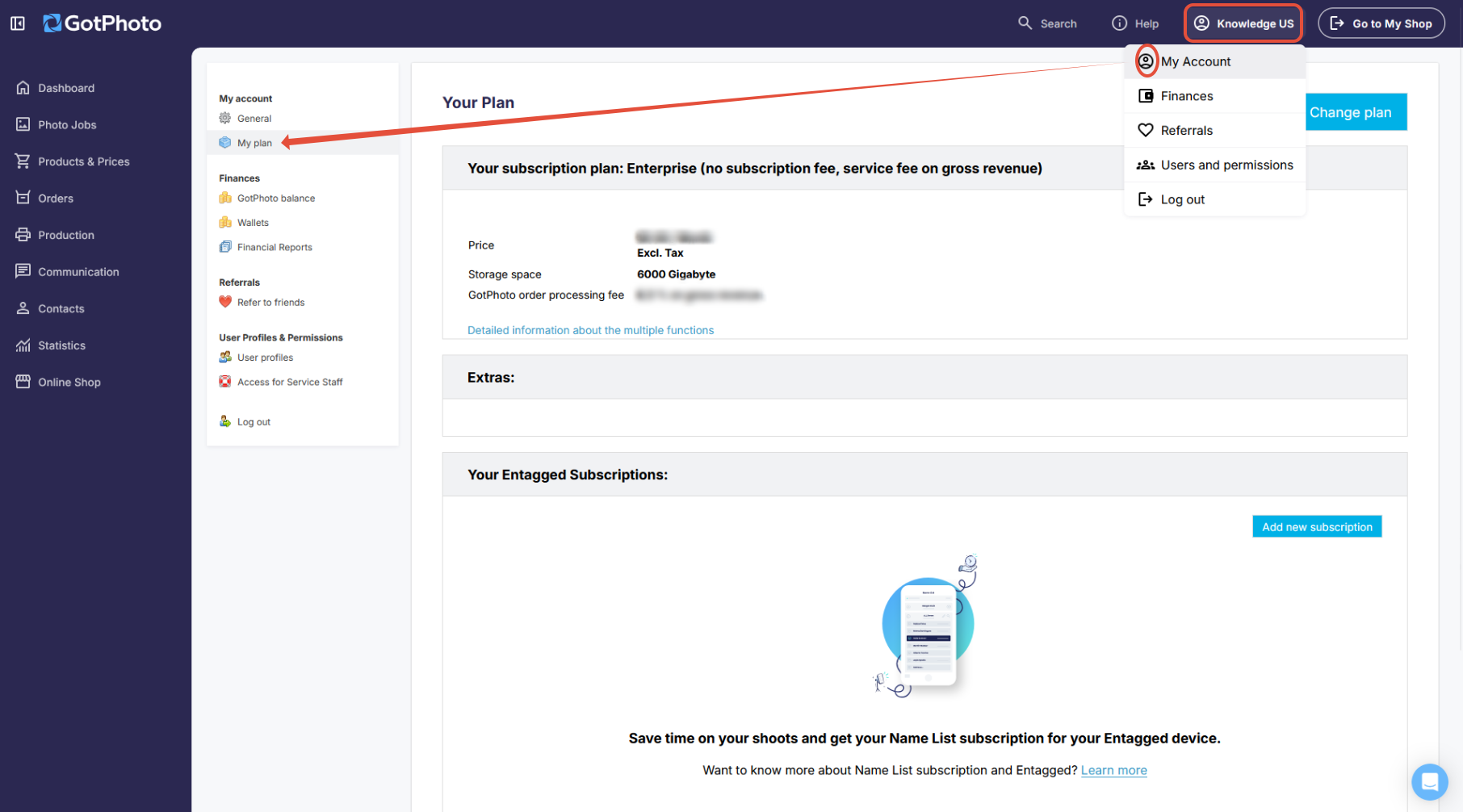 GotPhoto admin account settings page showing the 'Your Plan' section where active vouchers and credits can be viewed.