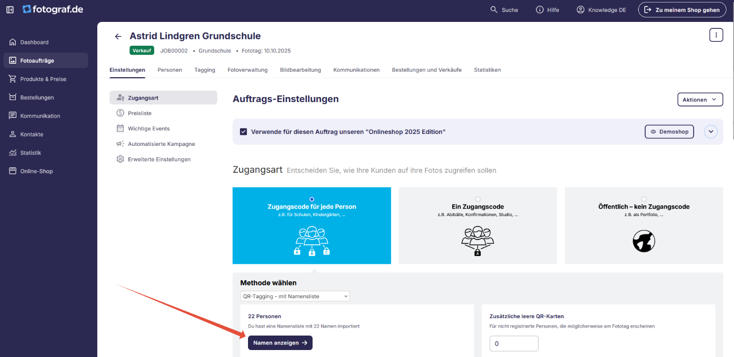 Namen anzeigen Bereich