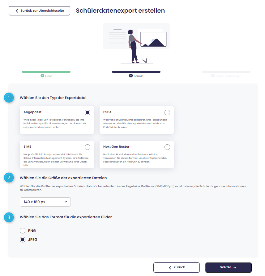 Exportgröße und Dateityp