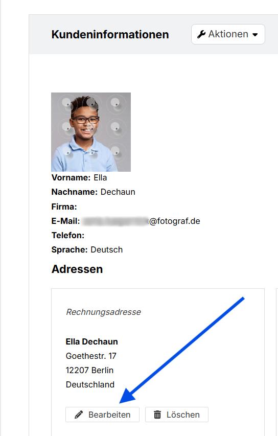 Bearbeitungsoption für Rechnungsadresse im Kundenprofil