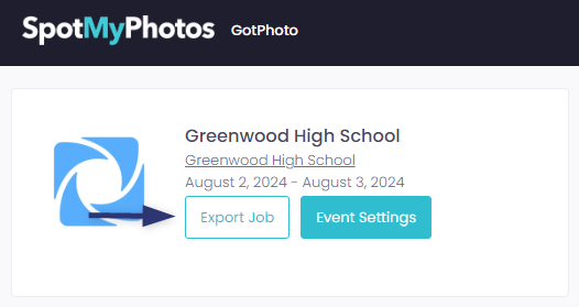 Export Job screen in SpotMyPhotos with 'Export All Photos' option highlighted.