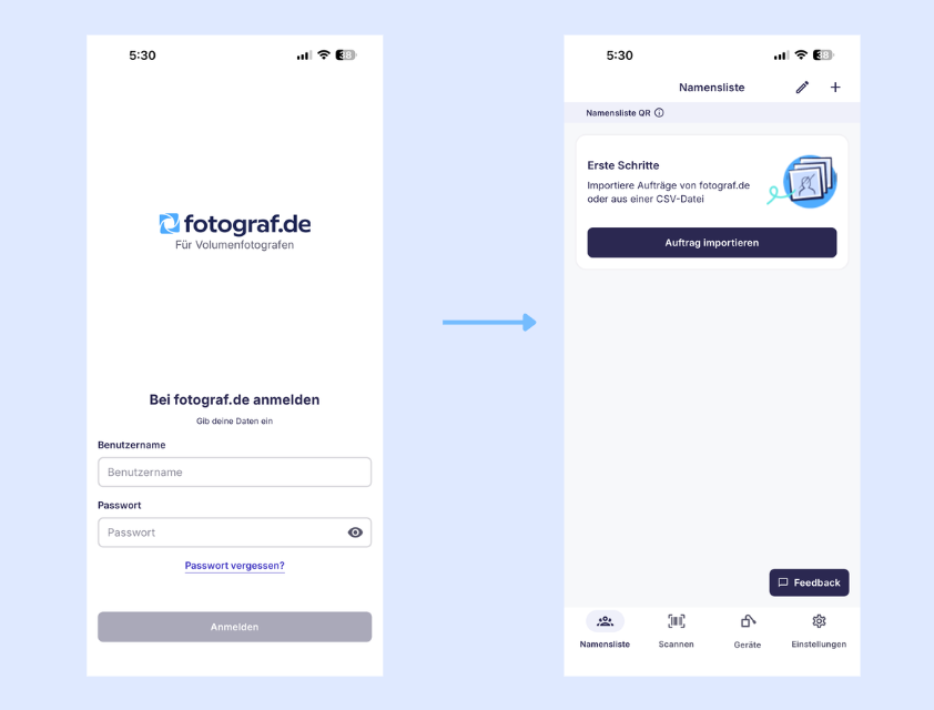 Anmeldebildschirm der fotograf.de App