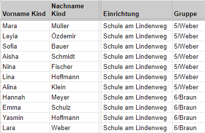 Beispiel Schulliste Screenshot