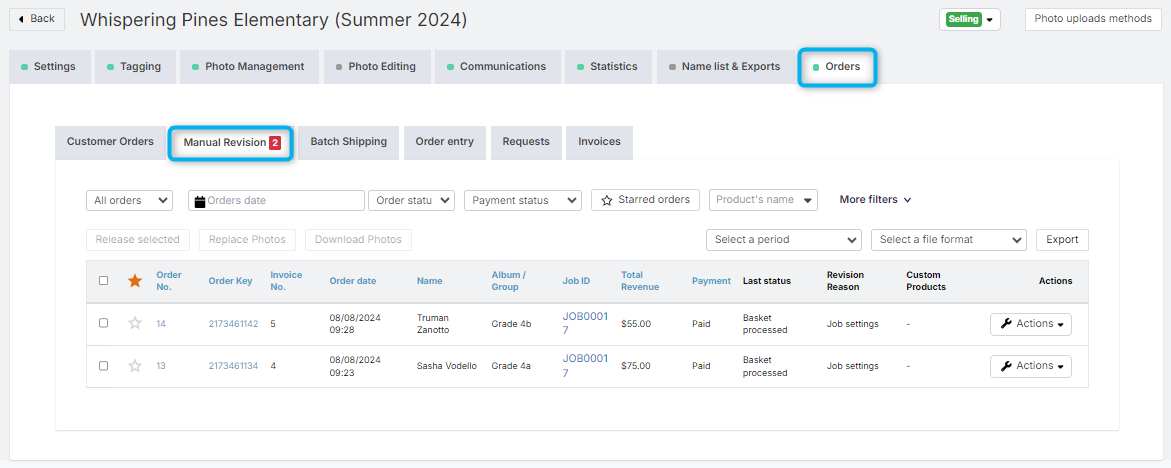 Manual Revision in Orders tab