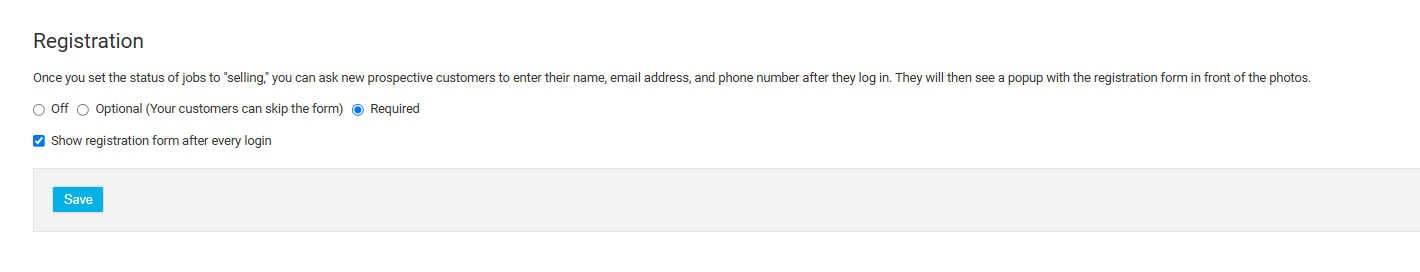 Registration settings showing the option to display the form after every login.