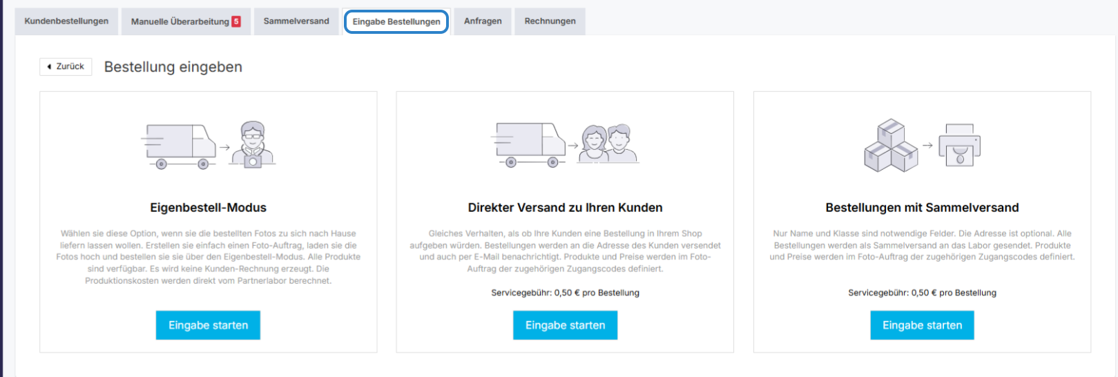 Ein Bildschirm zeigt drei Bestelloptionen: 'Eigenbestellmodus', 'Direkter Versand deine Kunden' und 'Bestellungen mit Sammelversand'.