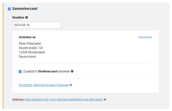 Einstellung Sammelversand aktivieren