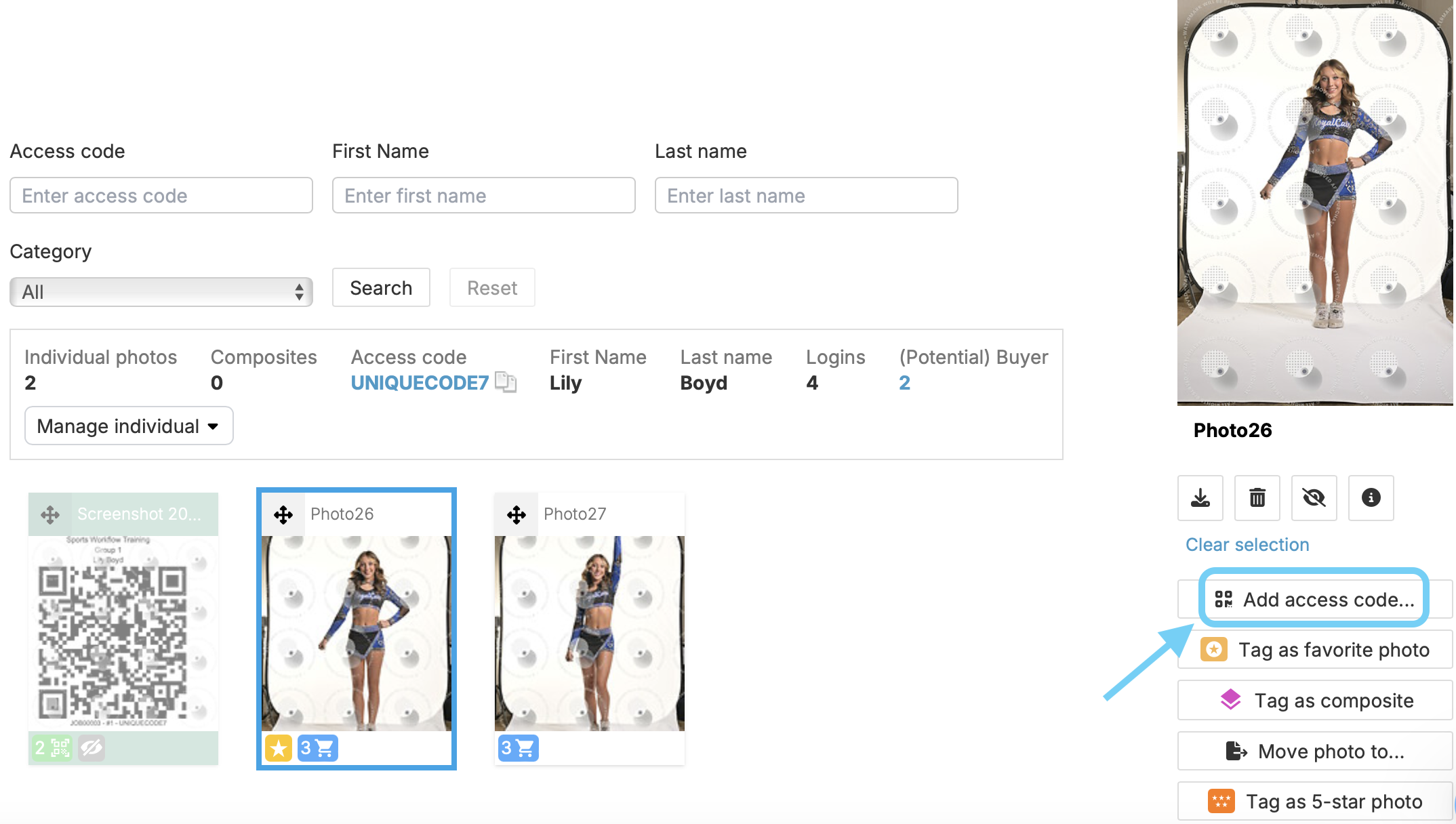 Add access code button in GotPhoto gallery view
