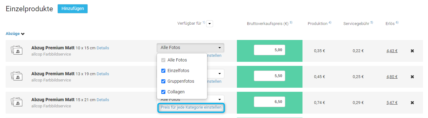 Preisprofil zeigt die Auswahlmöglichkeit 'Gruppenfotos & Collagen'