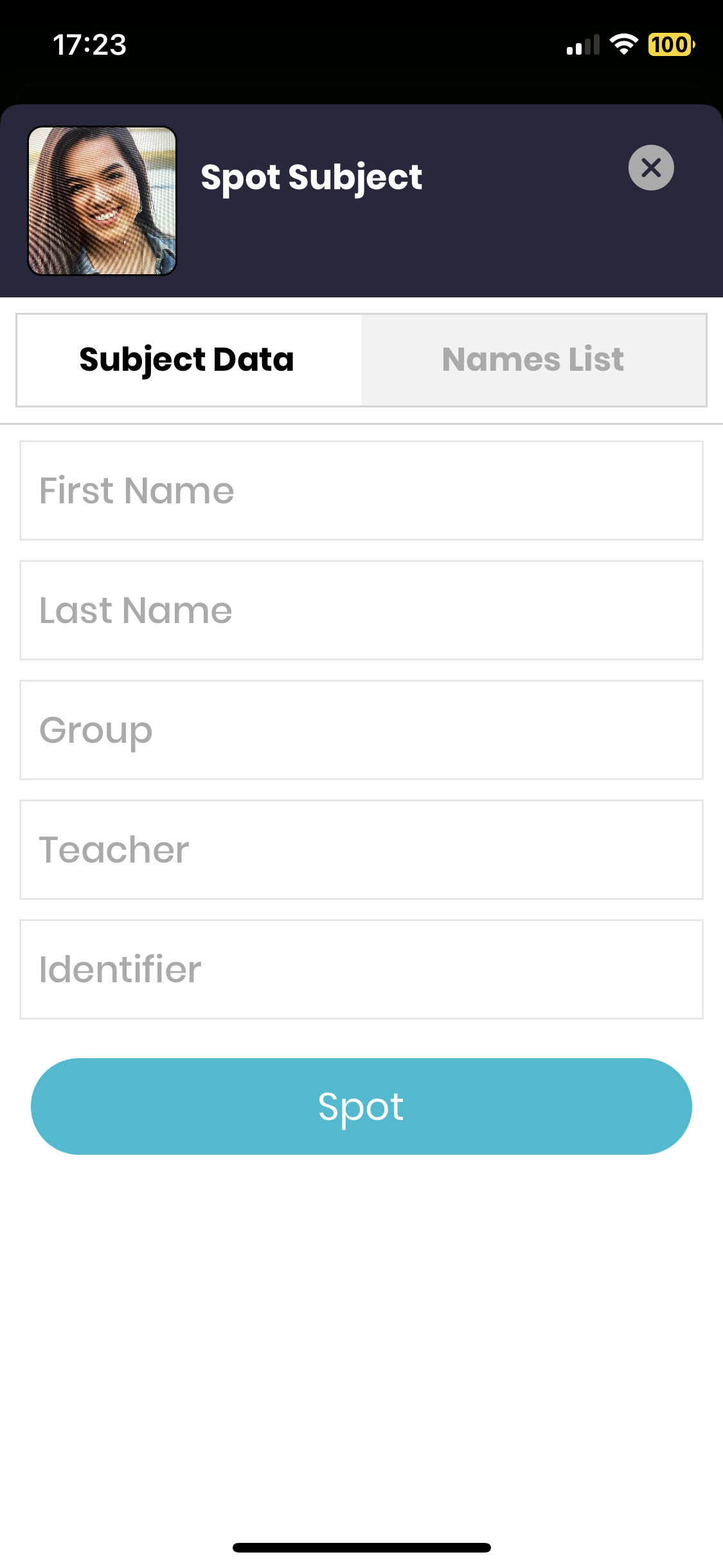 Form to add or edit subject data manually in SpotMyPhotos, including fields for first name, last name, and access code.