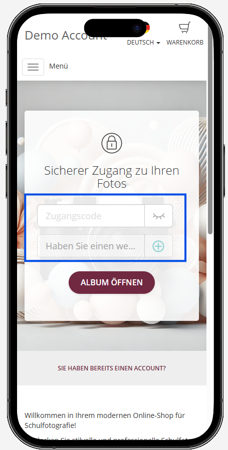 Login-Maske für die Eingabe mehrerer Zugangscodes