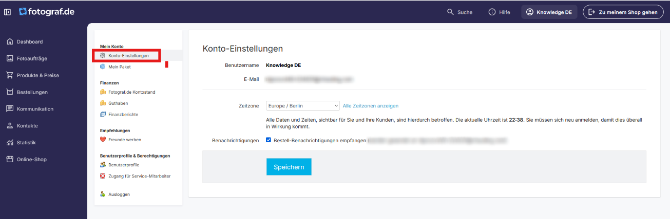Screenshot der Kontoeinstellungen in der Benutzeroberfläche