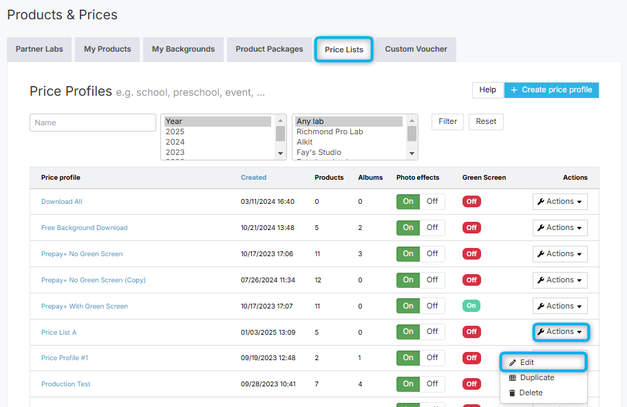 Open a price list via Actions then Edit