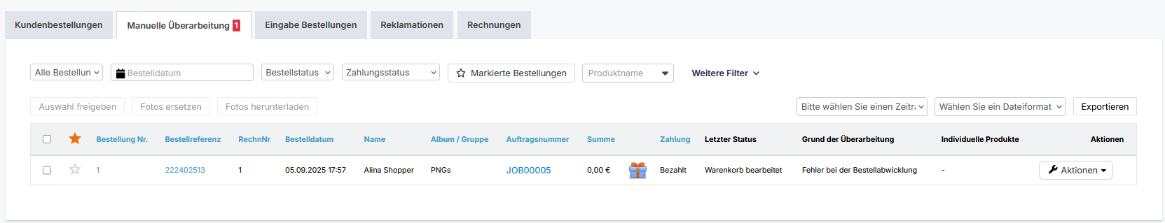 Bestellung in manueller Überarbeitung mit Fehlerstatus