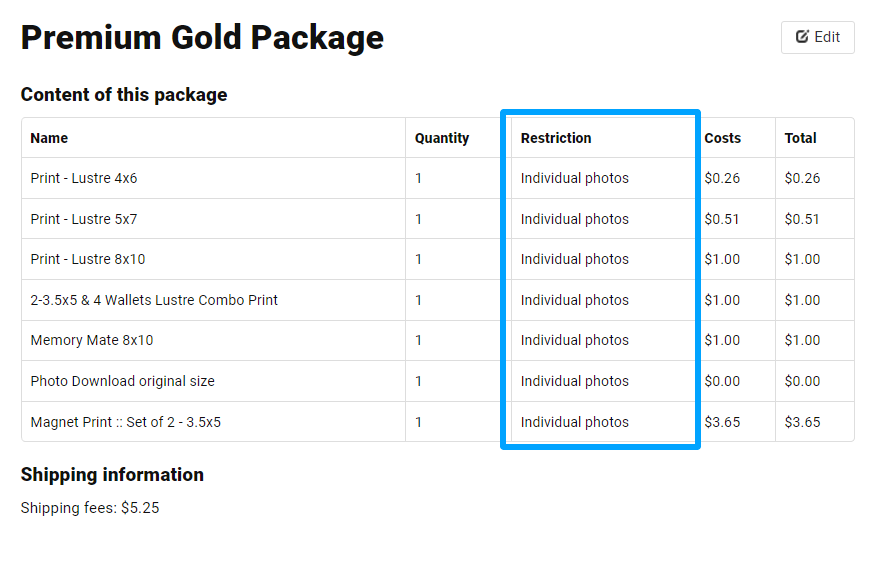 Price list showing composites not available in Prepay