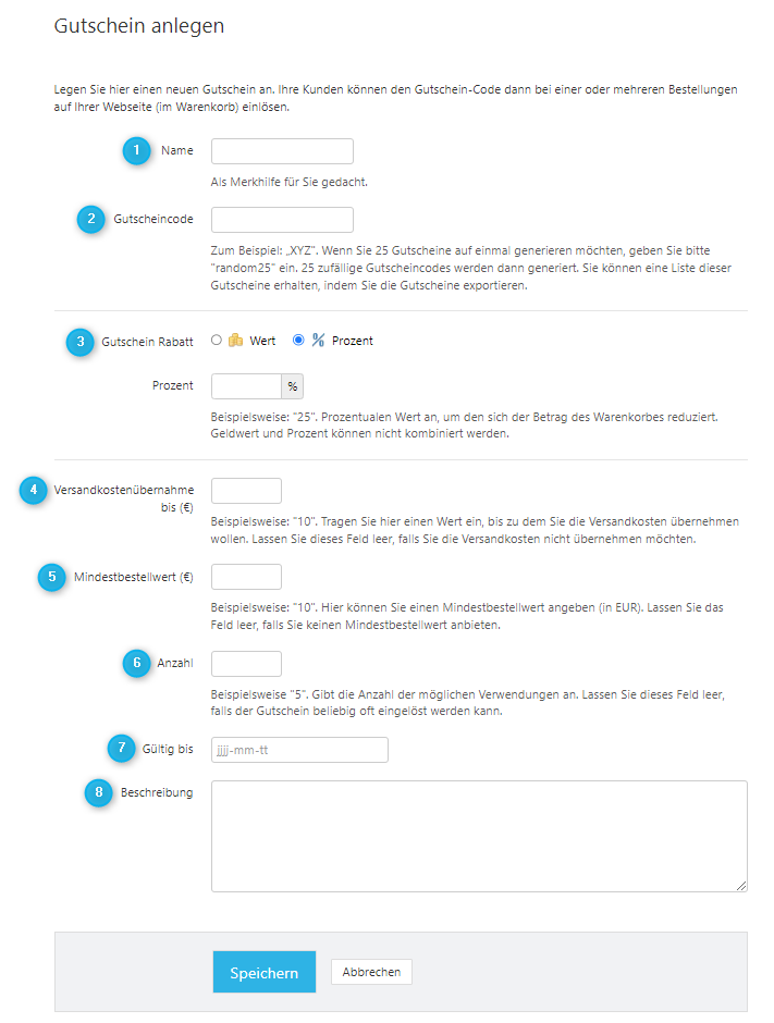 Eingabeformular für Gutscheinparameter