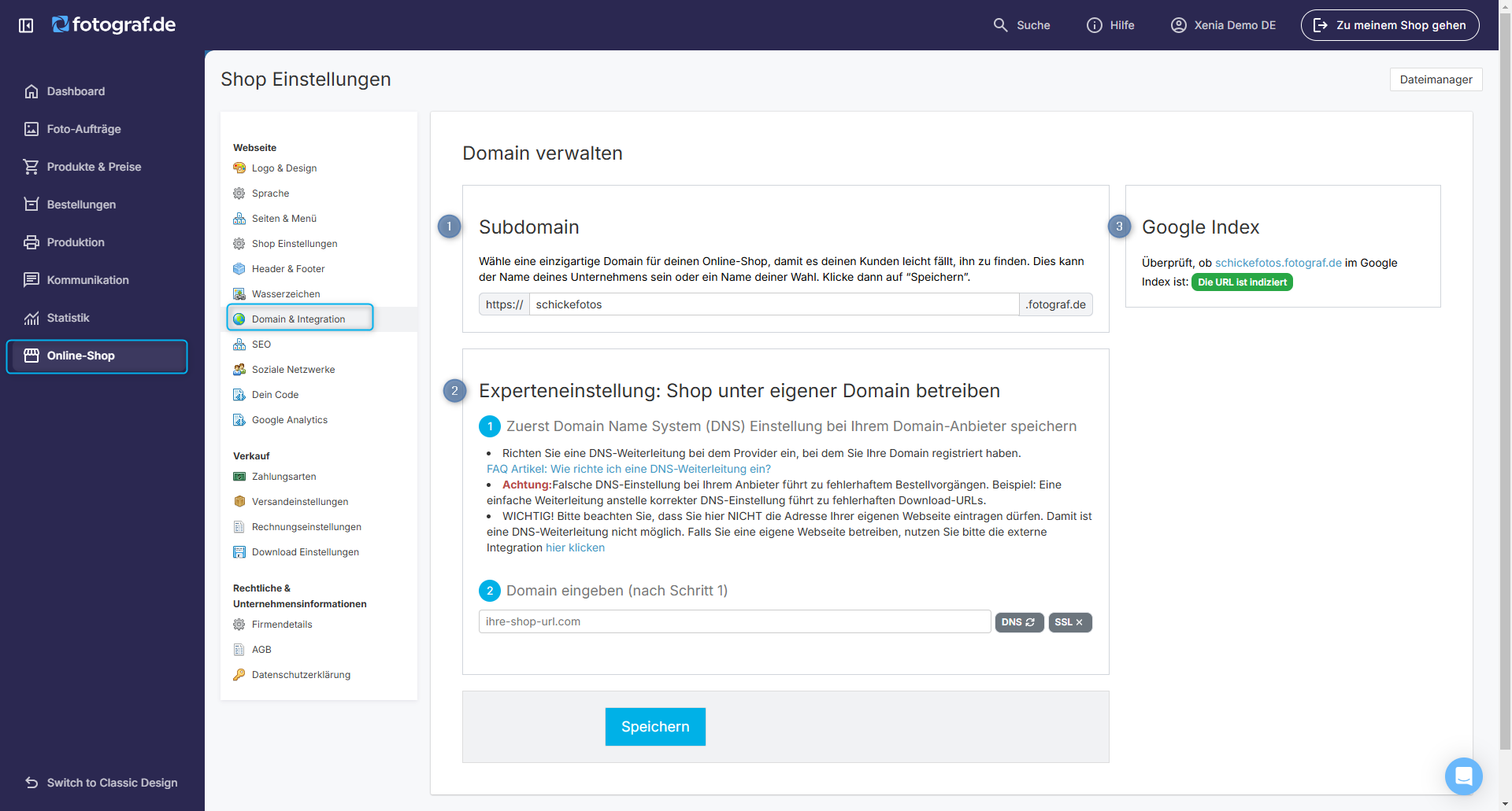 Navigationspfad zu Domain und Integration im Online-Shop-Menü