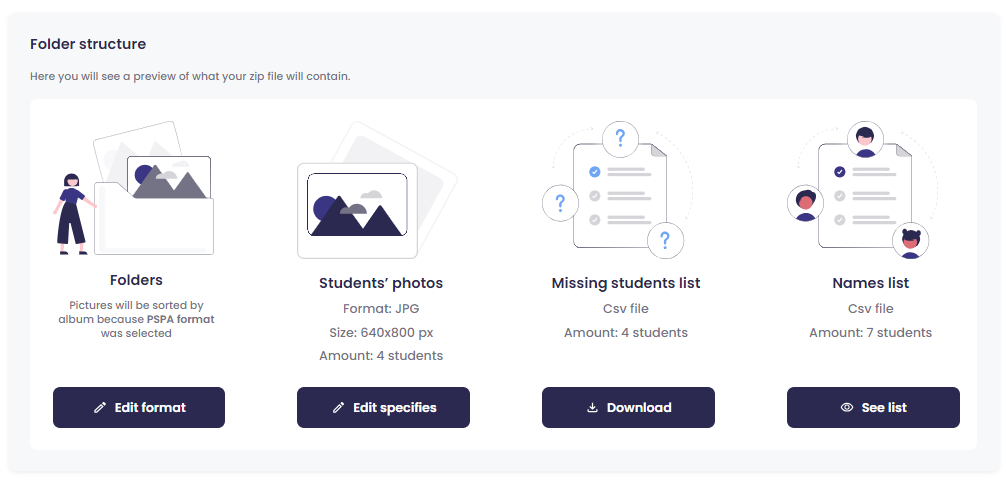 A screenshot detailing the export format and settings, with options to download lists of missing students or all students.