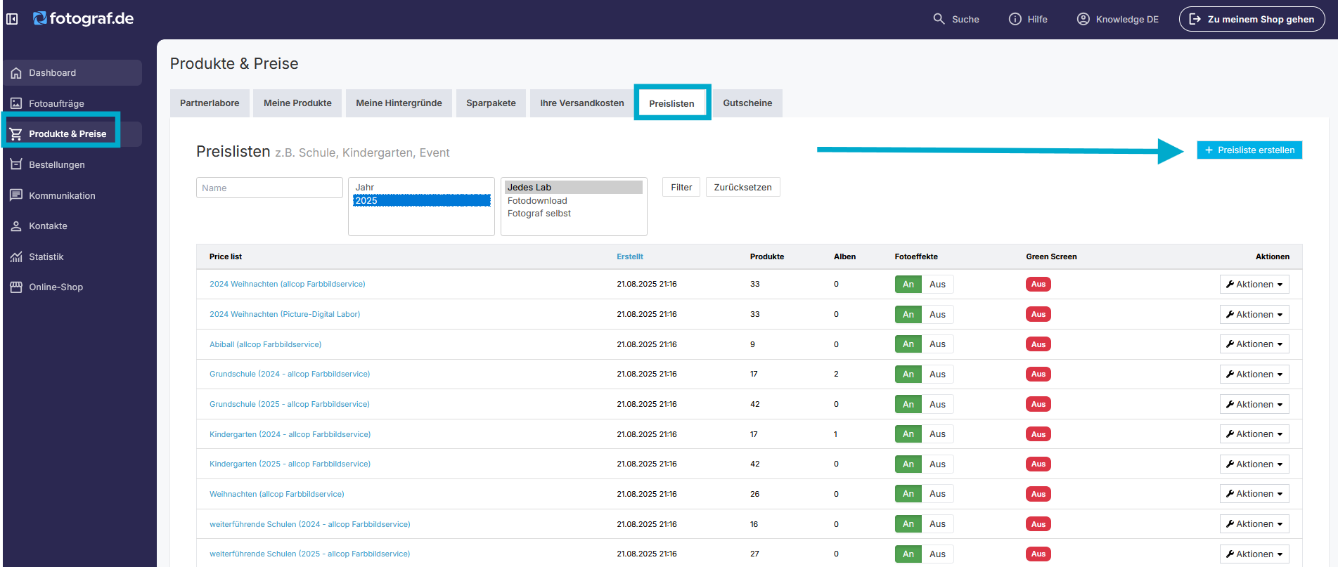 Preisprofil bearbeiten Screenshot
