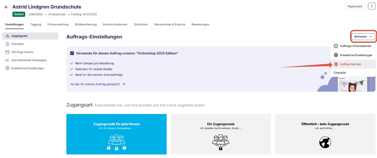 Auftrag löschen Option