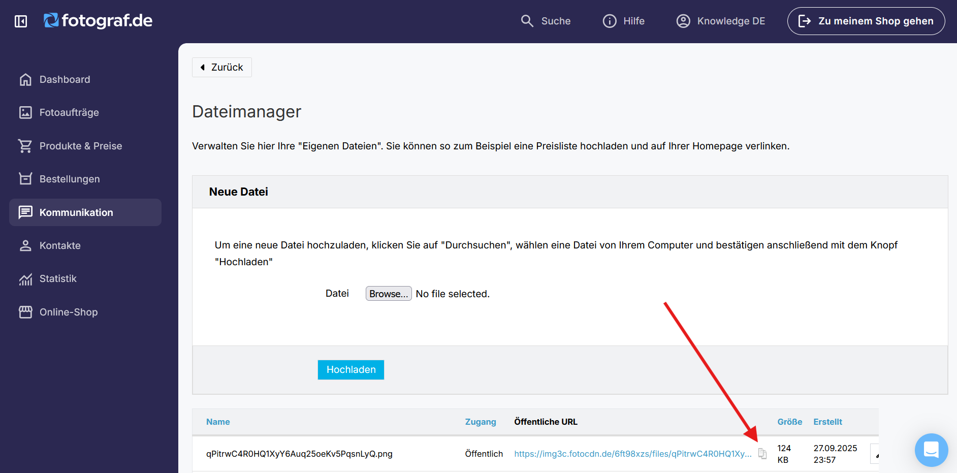 Bild-URL mit Kopiersymbol im Dateimanager