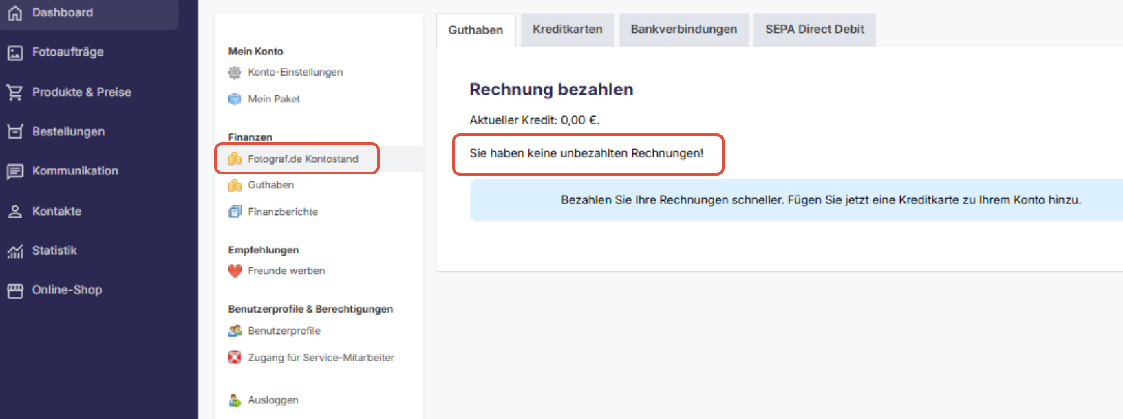 fotograf.de/GotPhoto Kontostand zeigt keine offenen Rechnungen