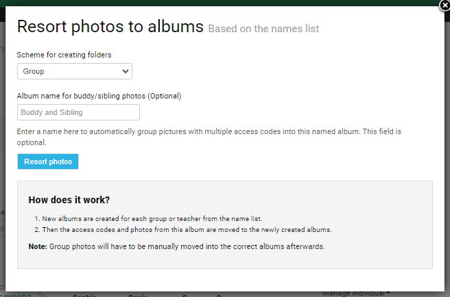 Resorting configuration window in GotPhoto prompting the user to select a sorting method before confirming.