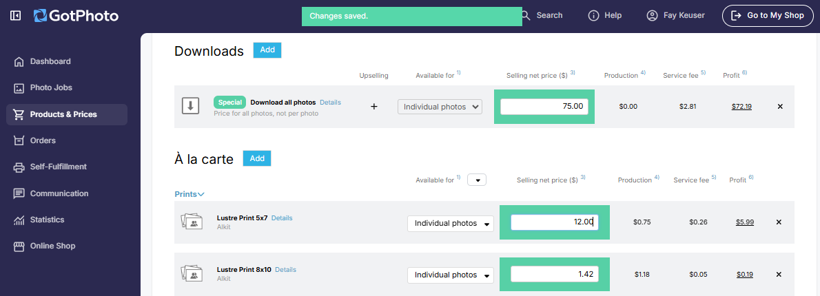 Selling price column with autosave banner