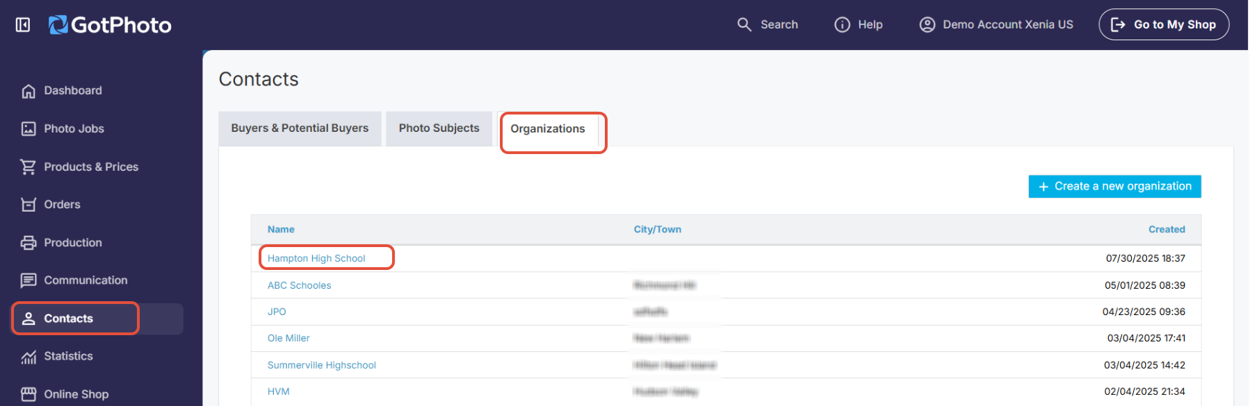 Organizations tab displaying a list of organizations with one selected.