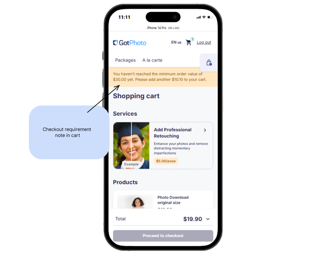 A mobile phone screen shows a shopping cart with a highlighted orange banner indicating 'You haven't reached the minimum order value yet' and the required additional amount.