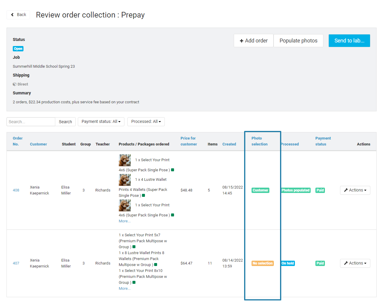 Order collector with selection status column