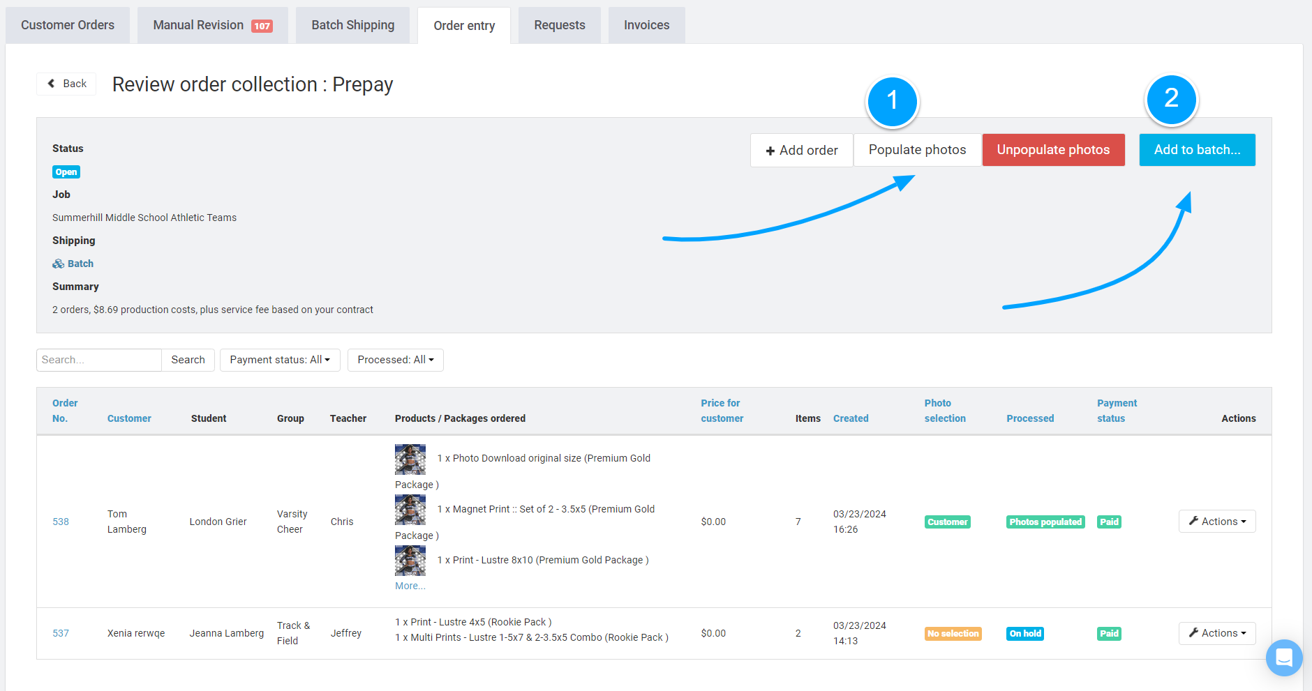 Populate photos and Add to batch buttons