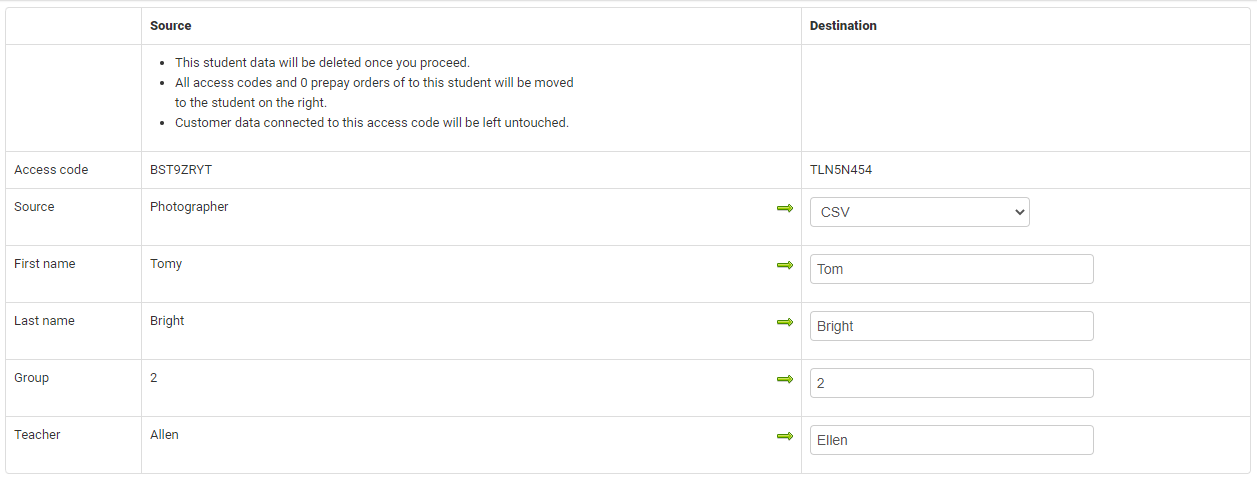 A data migration interface showing source and destination fields for student information.